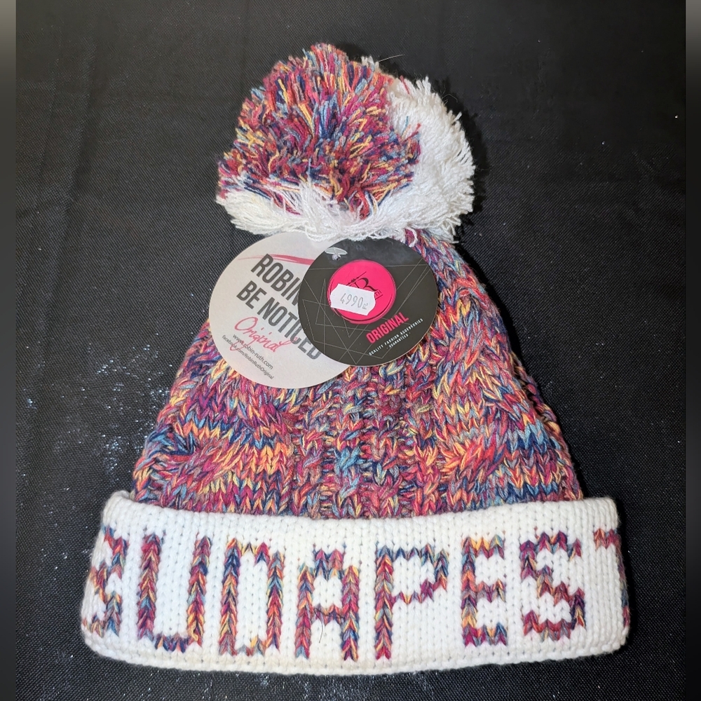 NWT Robin Ruth BUDAPEST Colorful Knit Pom-Pom Beanie